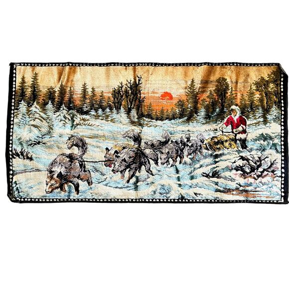 Vintage 60s Velvet Wall Tapestry Alaska Outdoor Dog Sledding Winter Nature Snow